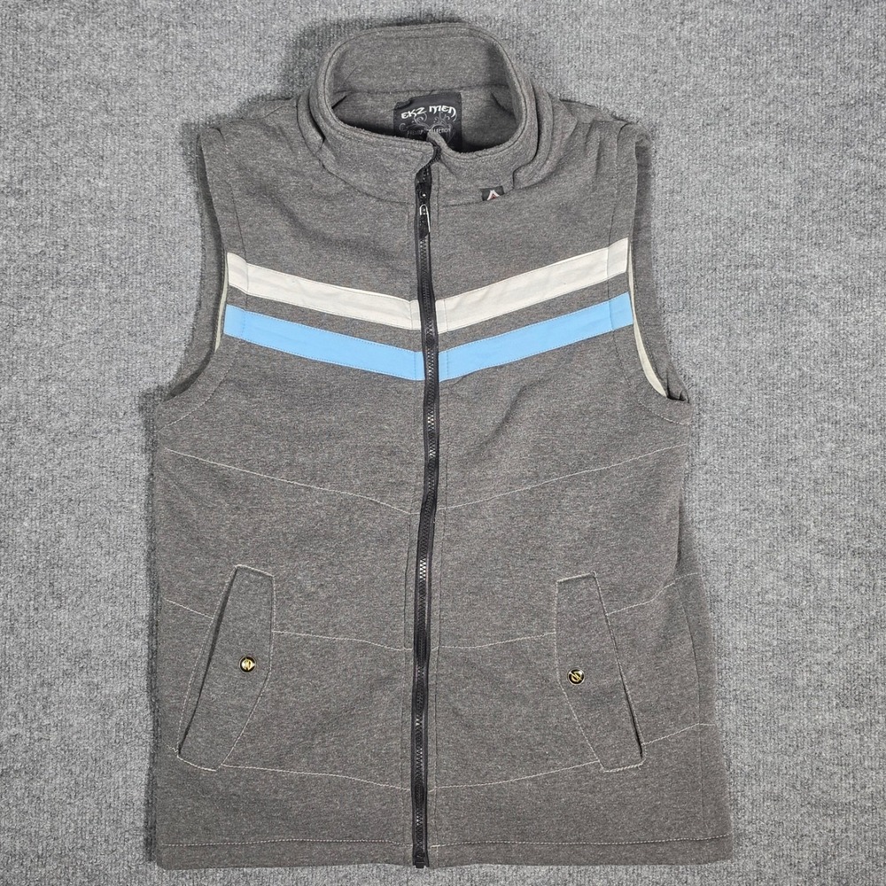 EKZ Men Premium Collection Gray Full Zip Vest Blue White‎ Stripe Large